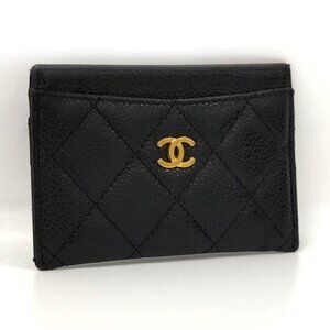 Authentic CHANEL Black Caviar Quilted Leather Classic Card Holder Case Gold CC